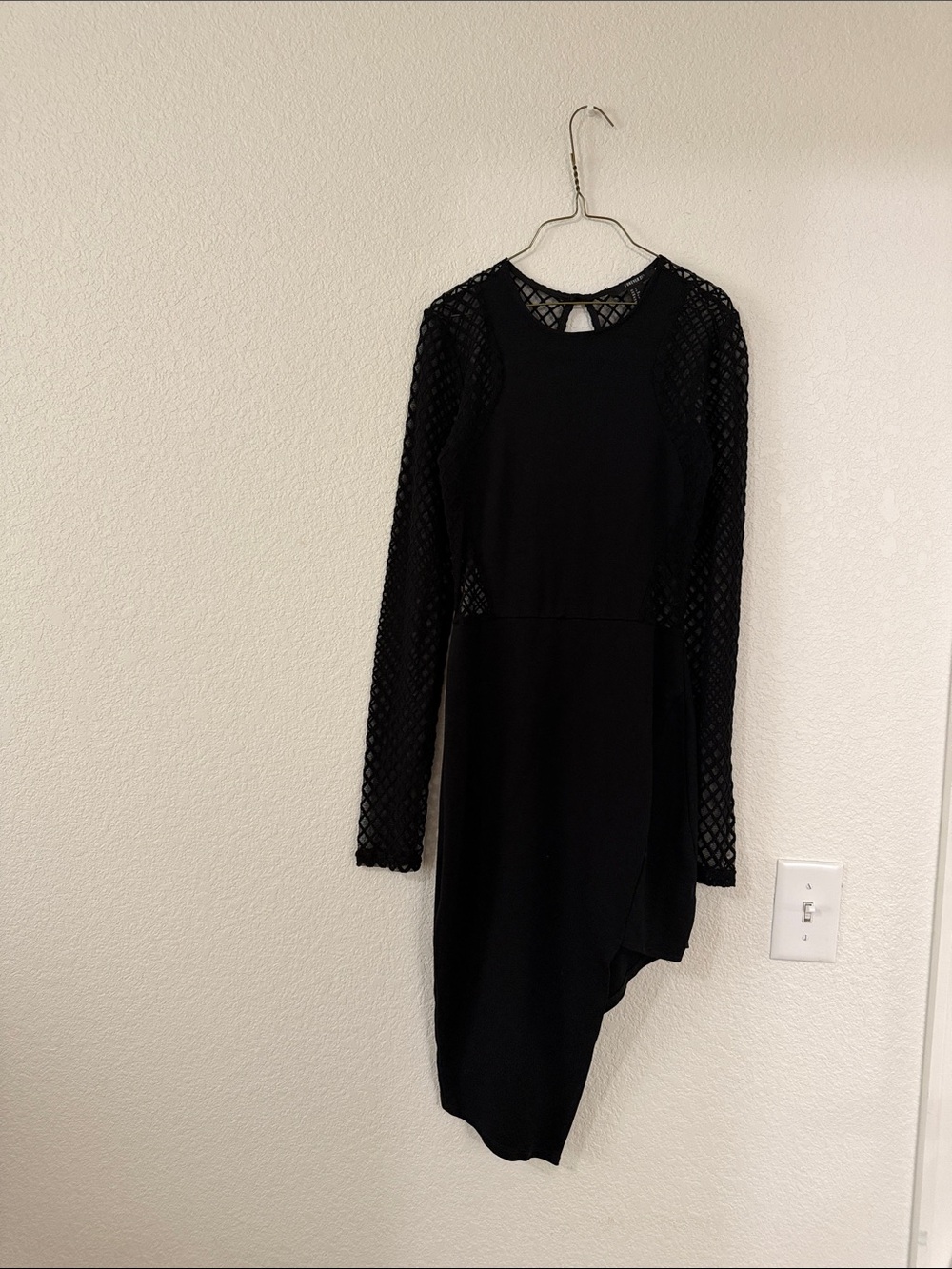 Black Asymmetric Long-Sleeve Dress with Lace Sleeves